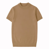 Thumbnail for Short sleeve tan mock neck shirt on a white background