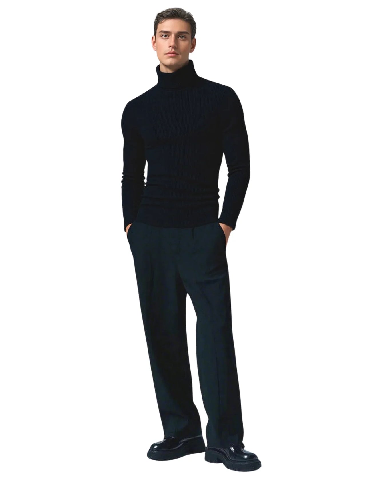 Man wearing a black turtleneck sweater and dark pants on a white background