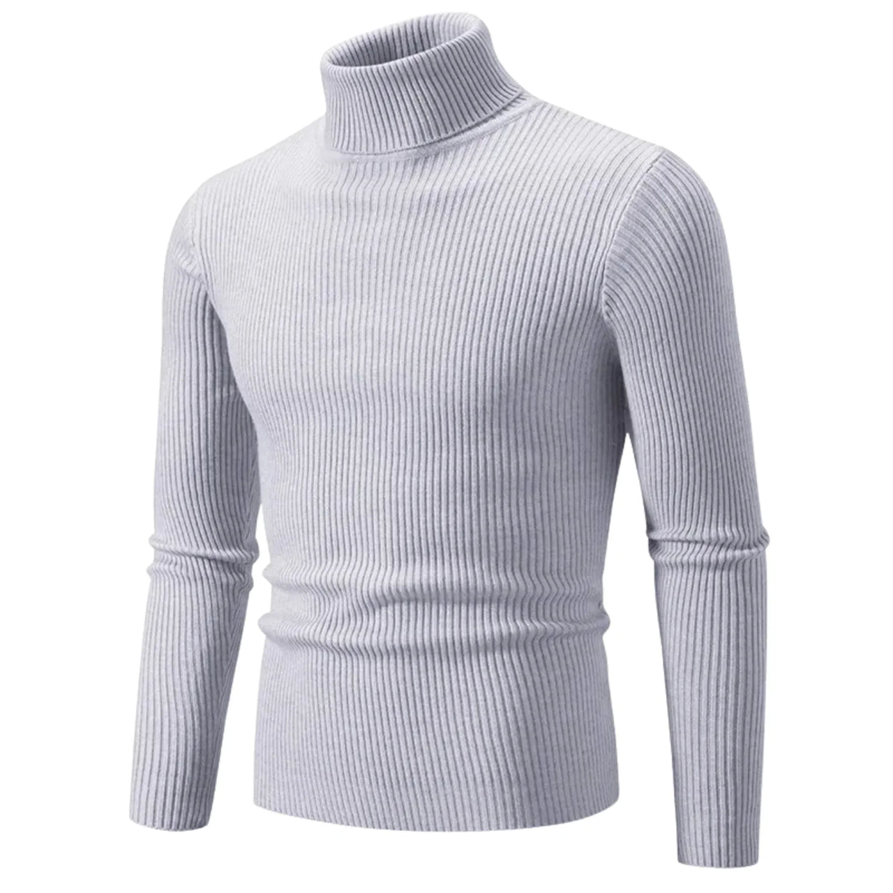 Men's light gray turtleneck sweater on a white background