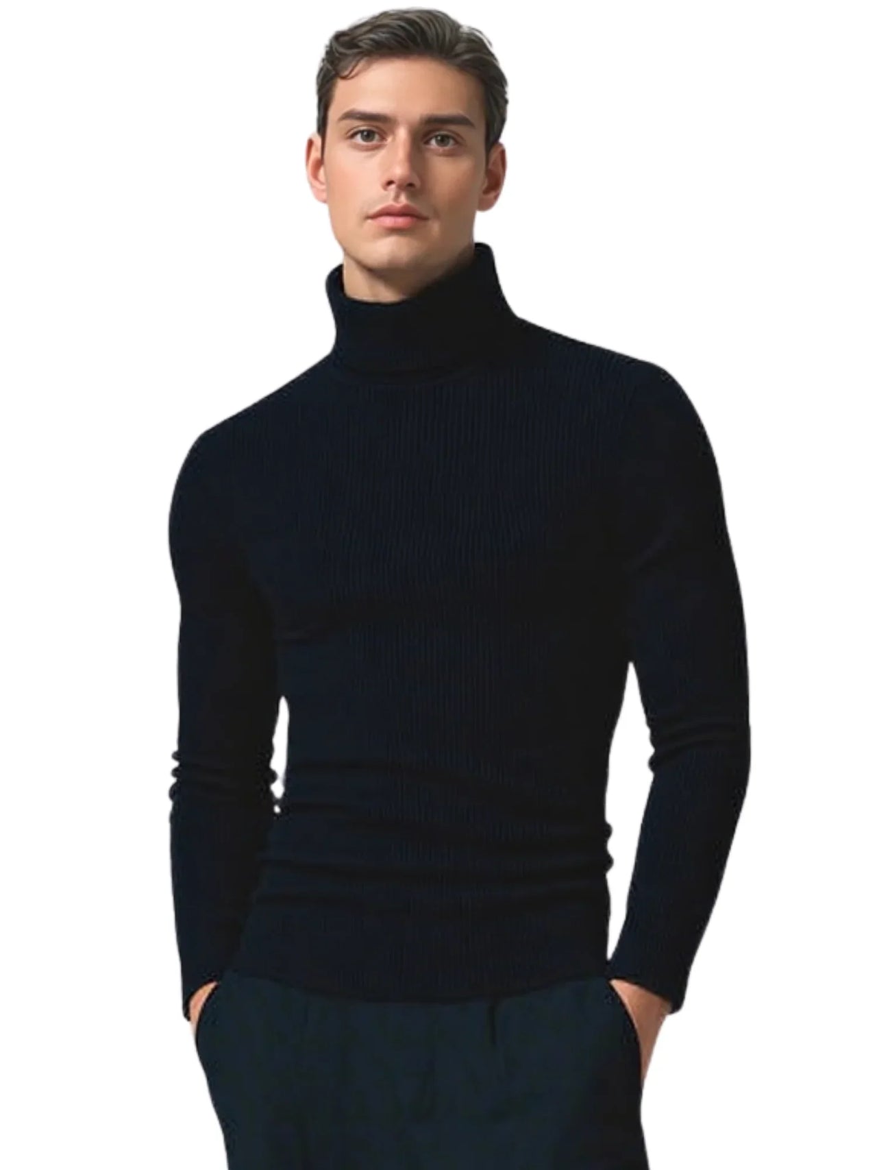 Man wearing a black turtleneck sweater on a white background