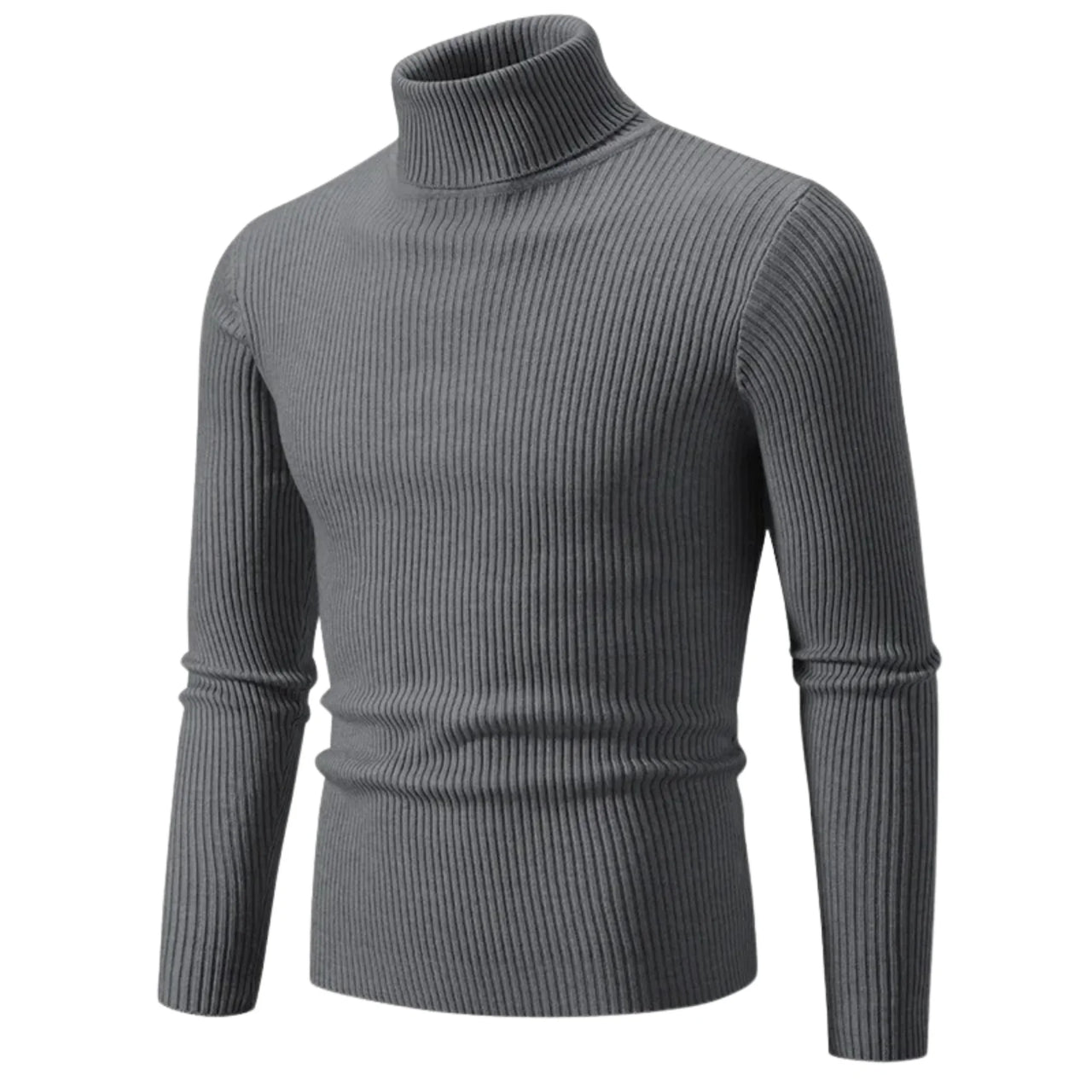 Men's dark gray turtleneck sweater on a white background