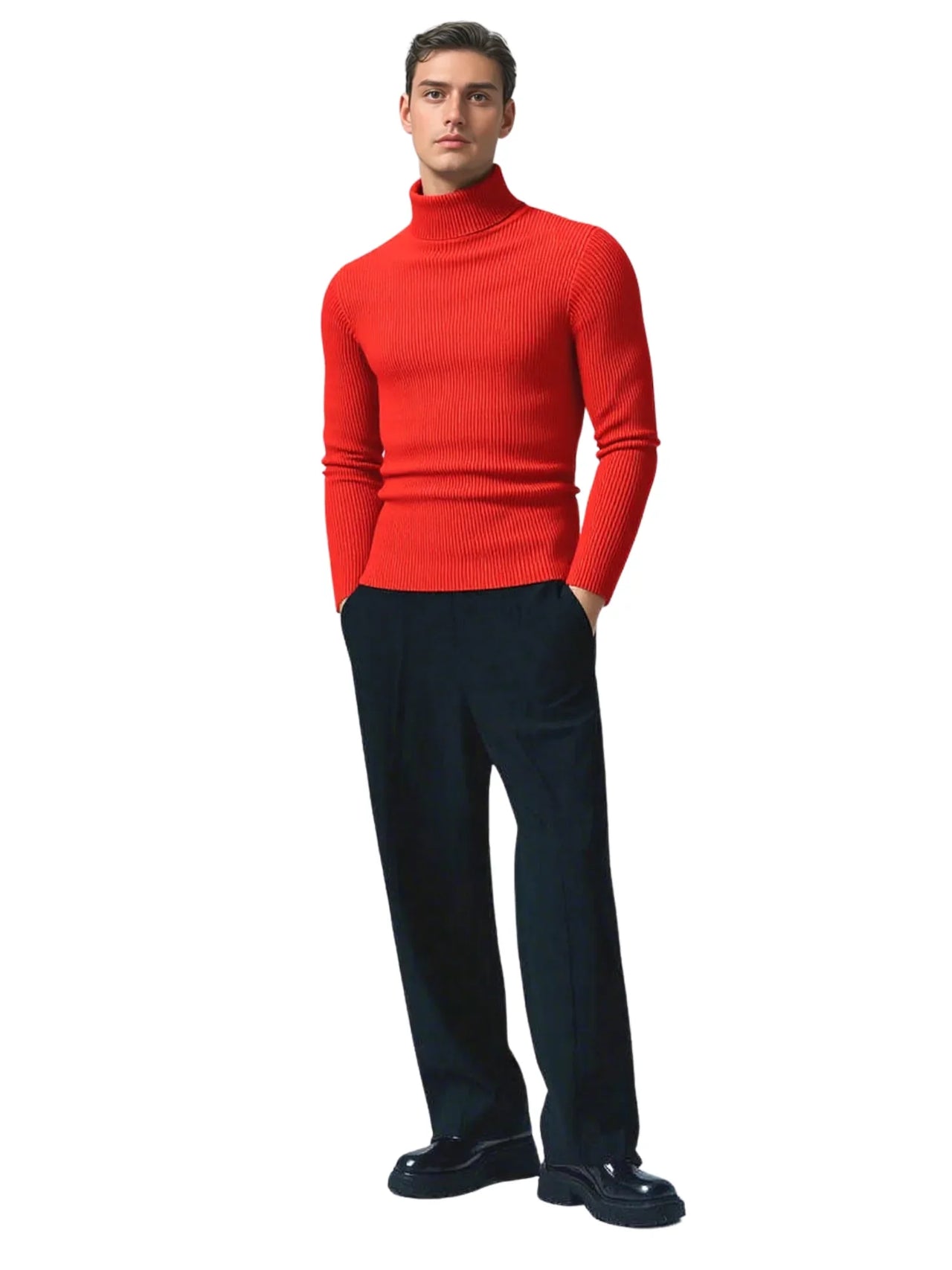 Man wearing a red turtleneck sweater on a white background