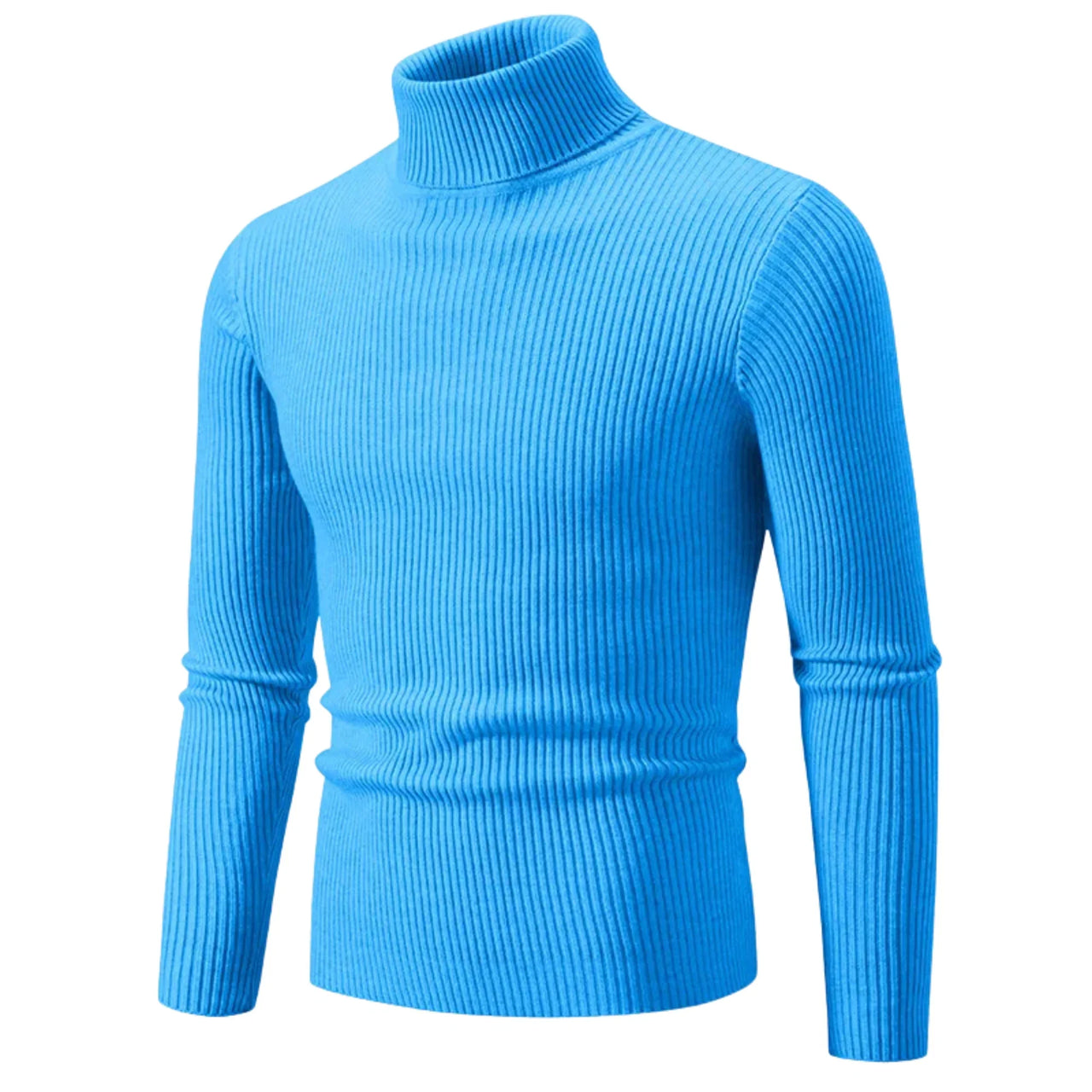 Men's sky blue turtleneck sweater on a white background