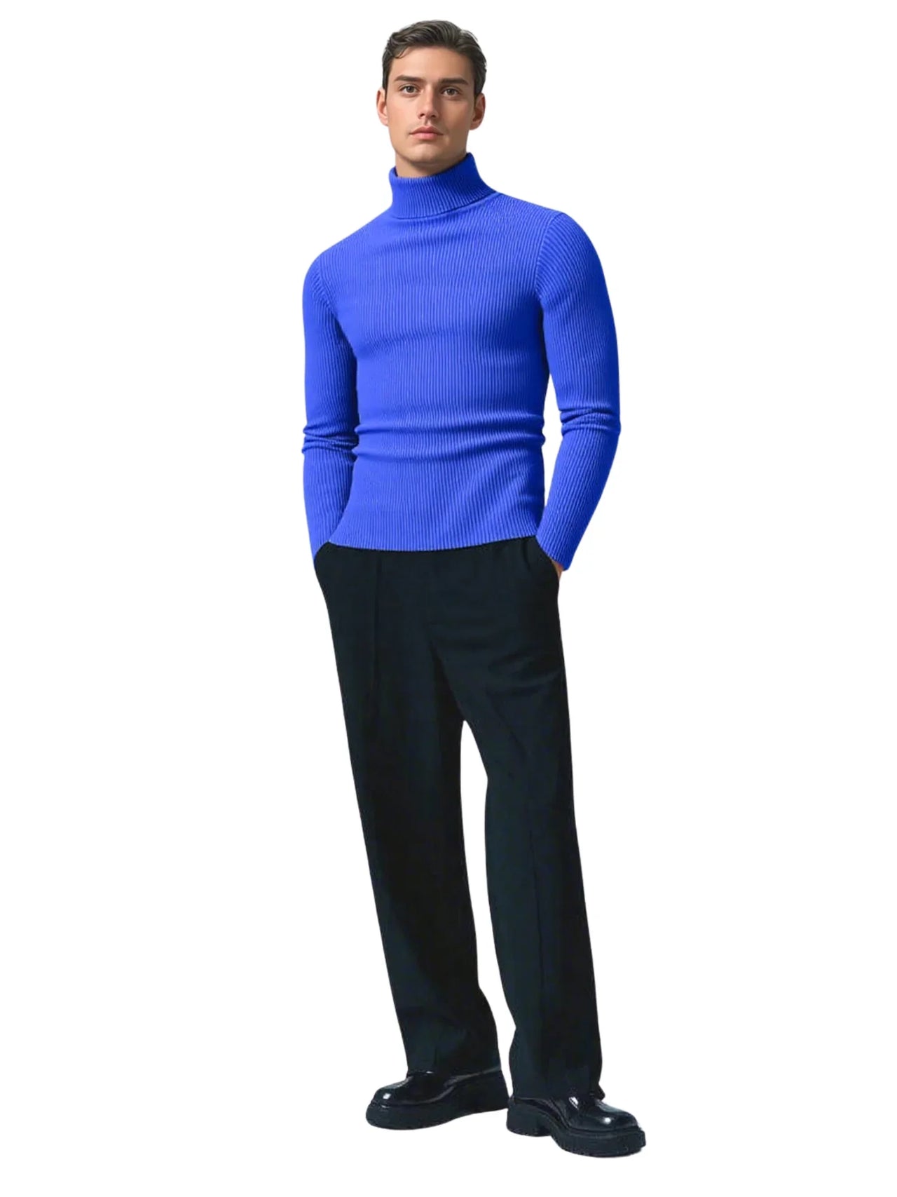 Man wearing a blue turtleneck sweater on a white background