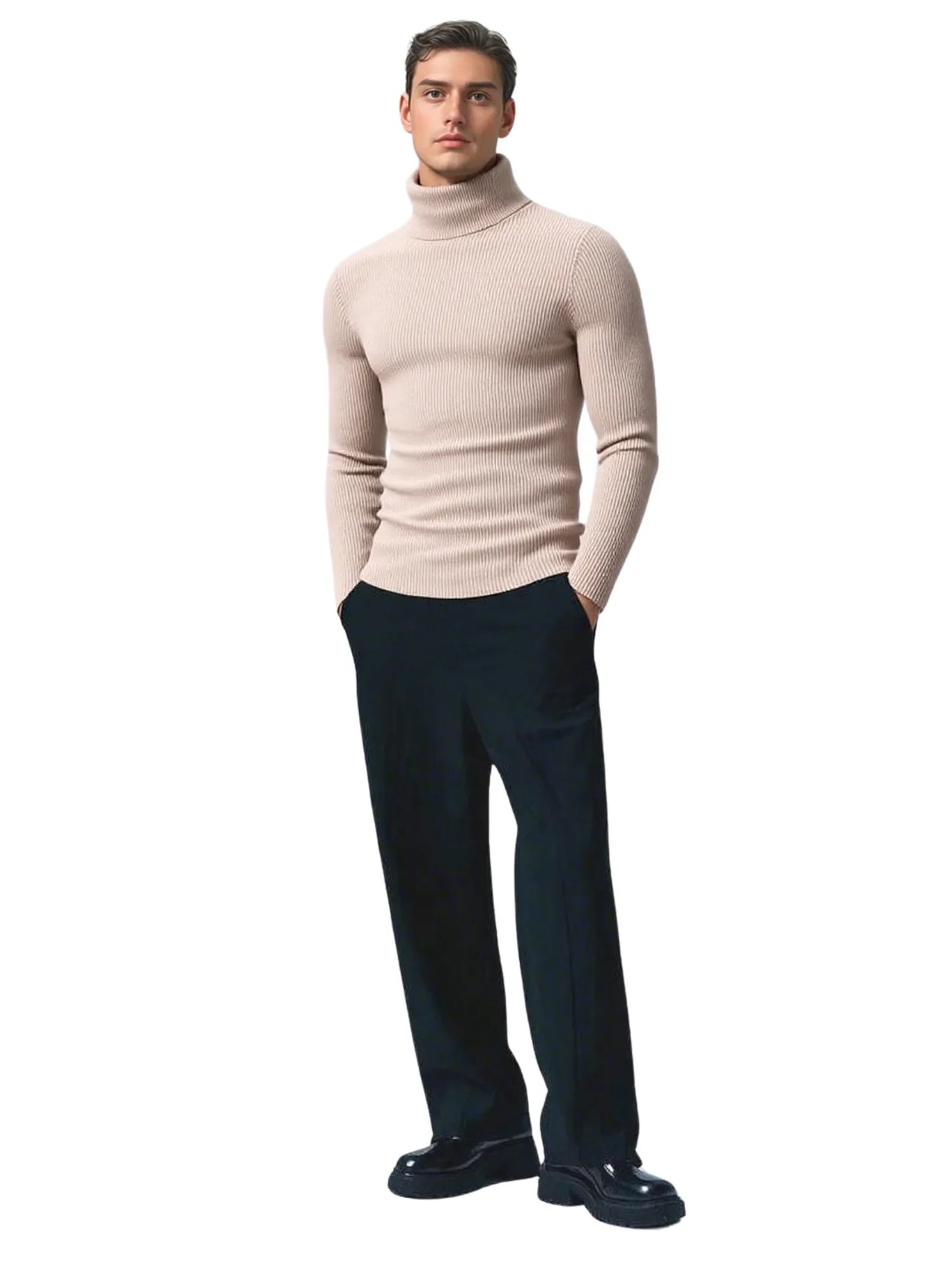 Man wearing a beige turtleneck sweater and black pants on a white background