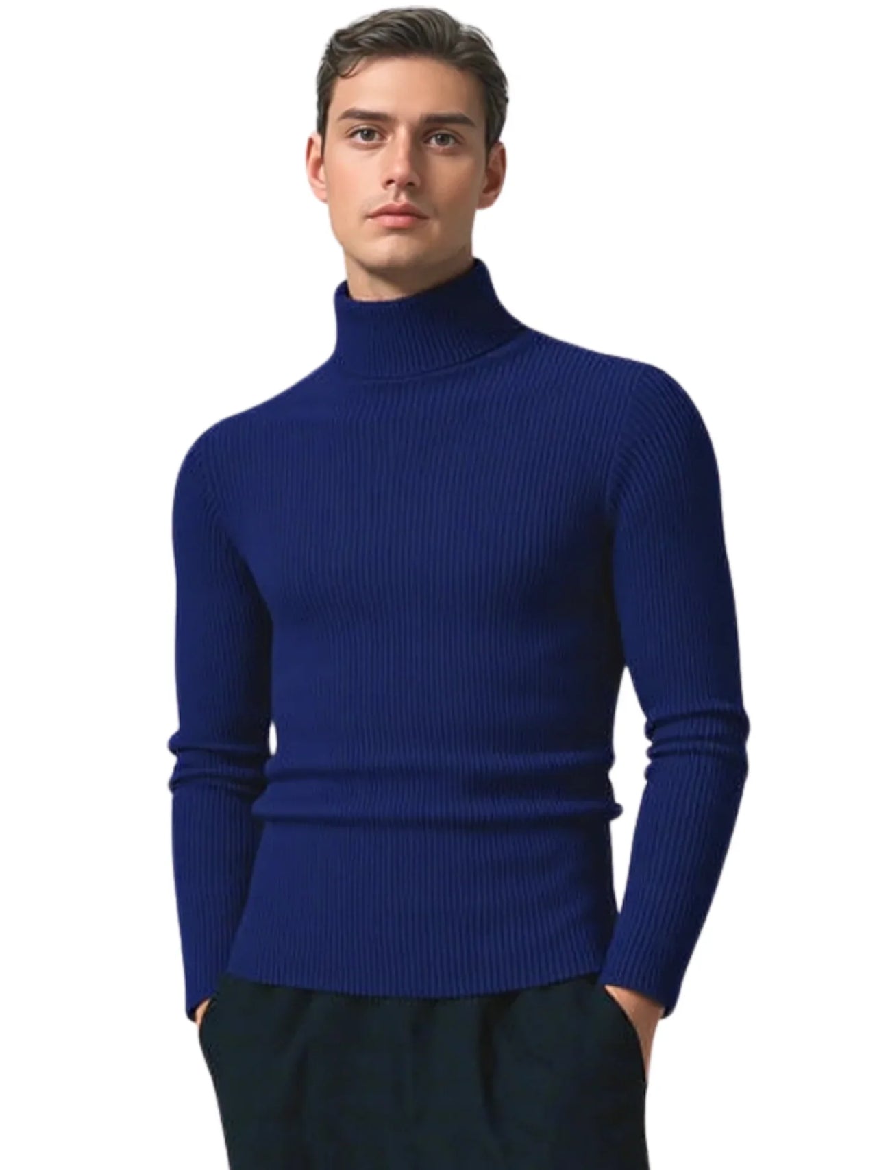 Man wearing a dark blue turtleneck sweater on a white background