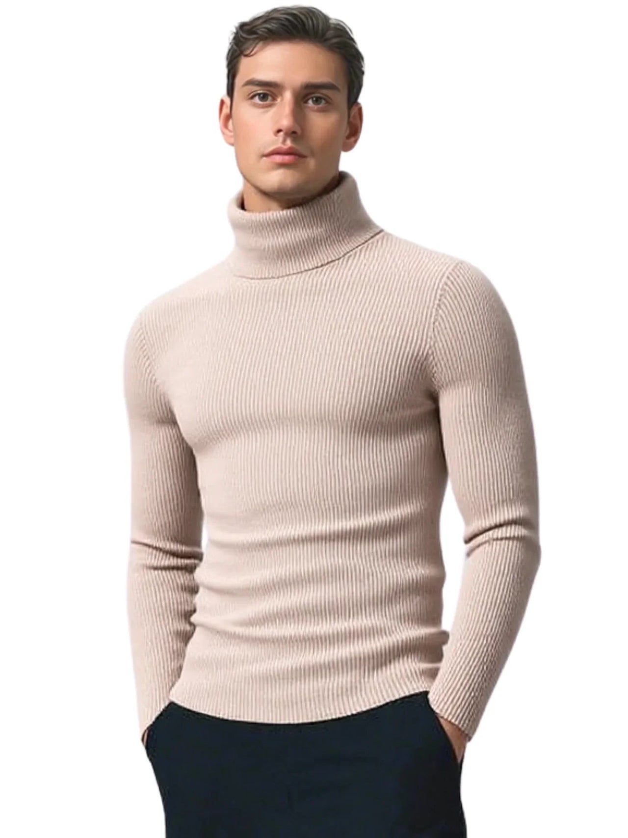 Man wearing a beige turtleneck sweater on a white background