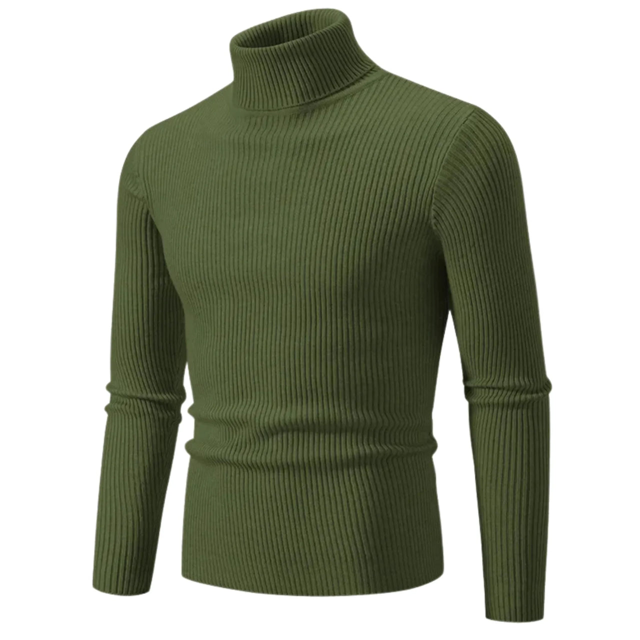 Men's army green turtleneck sweater on a white background