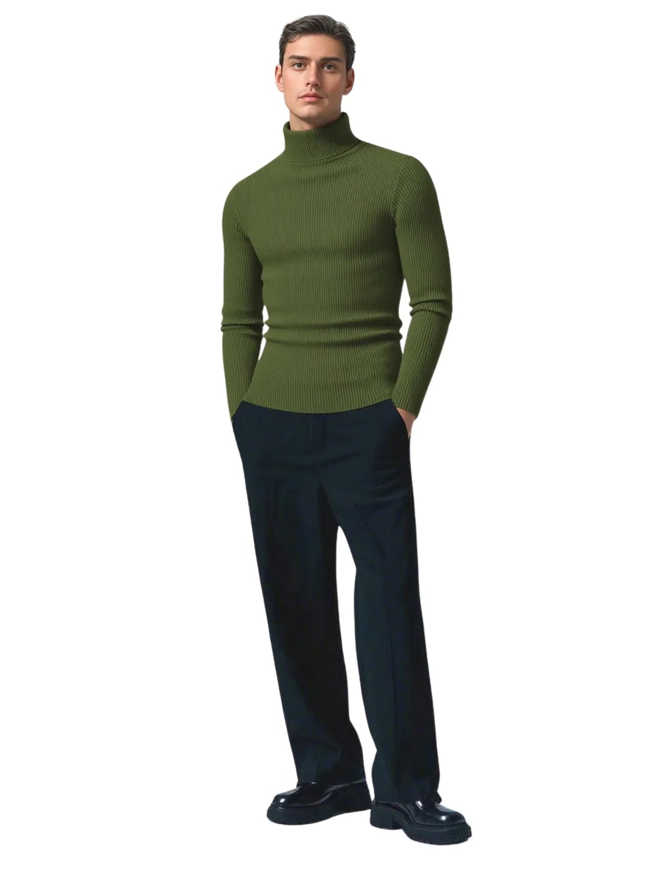 Man wearing an army green turtleneck sweater and dark pants on a white background
