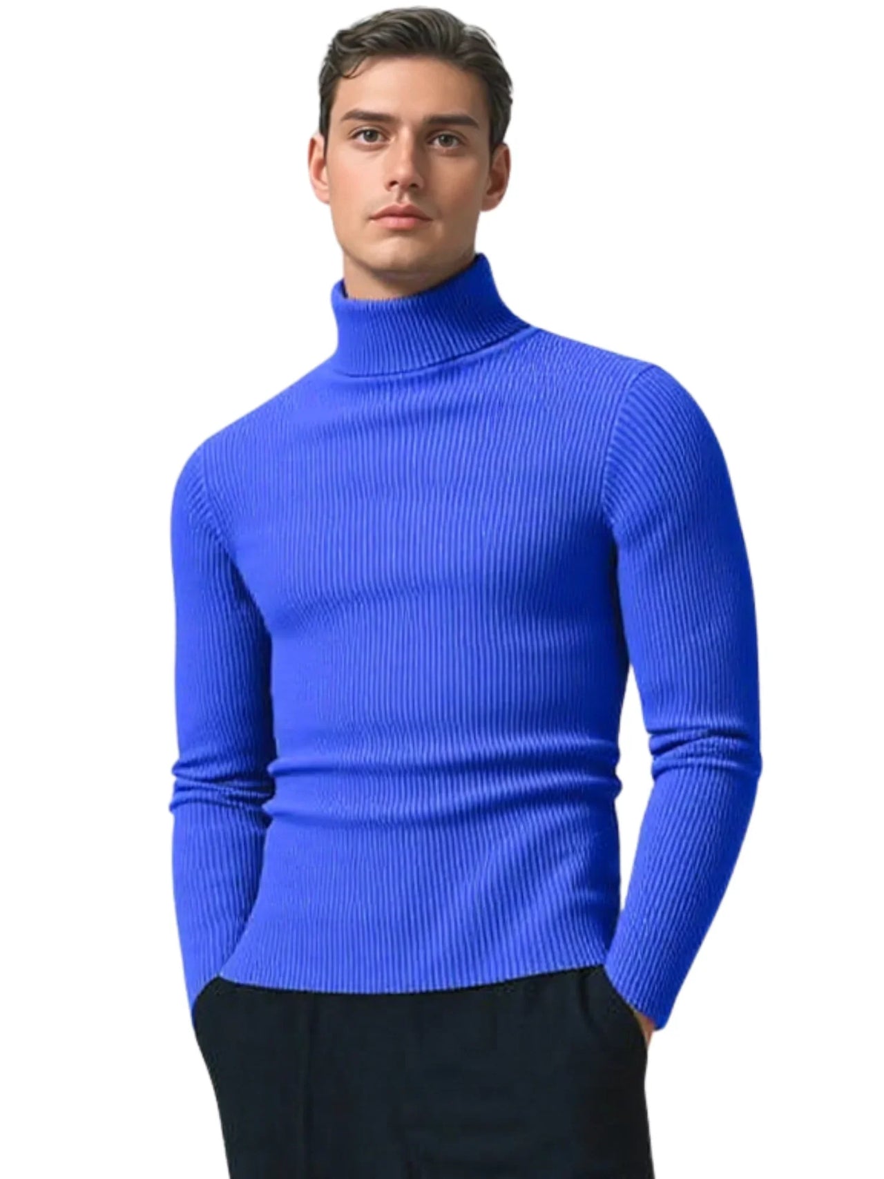 Man wearing a blue turtleneck sweater on a white background