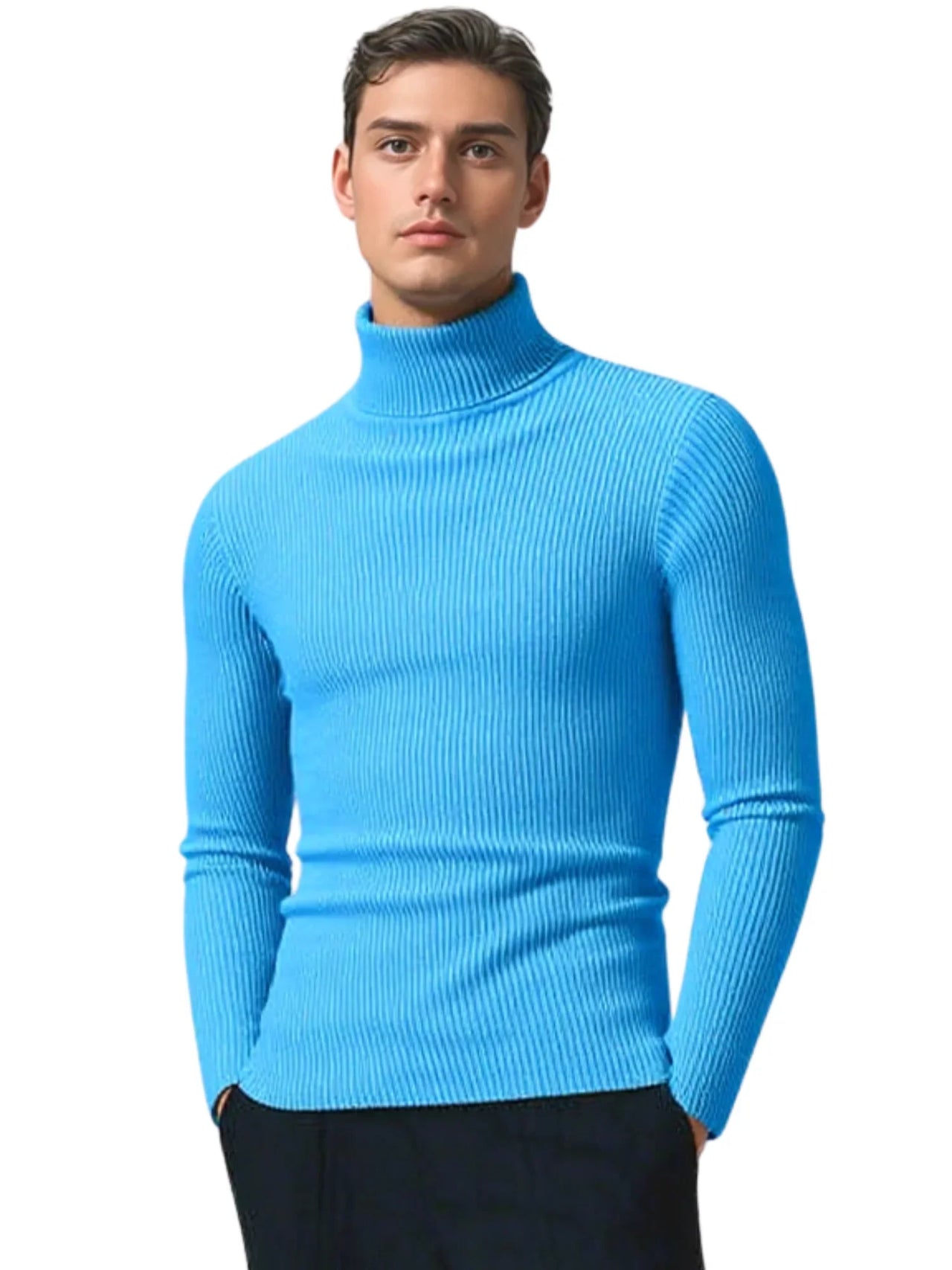 Man wearing a sky blue turtleneck sweater on a white background