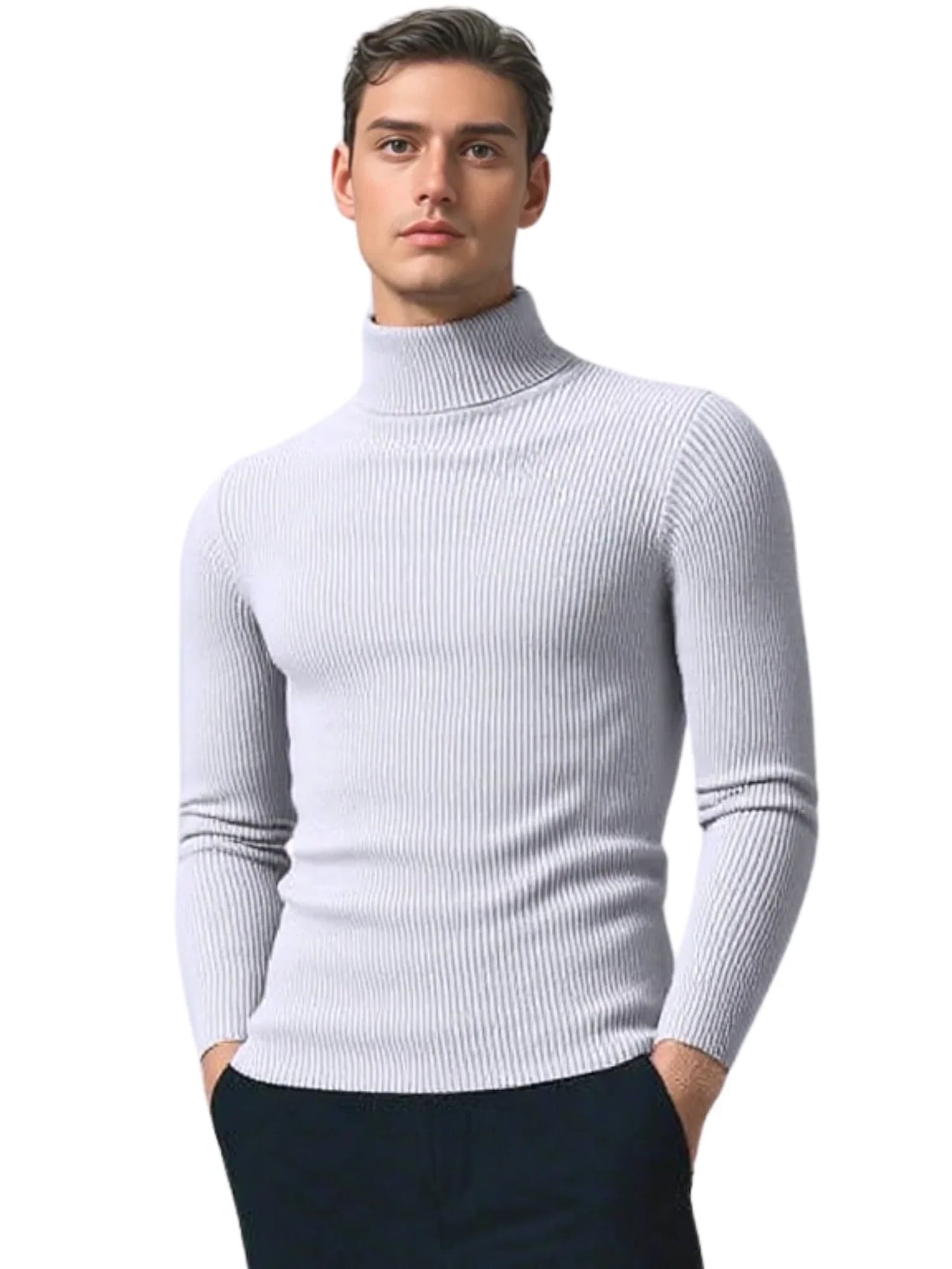 Man wearing a light gray turtleneck sweater on a white background