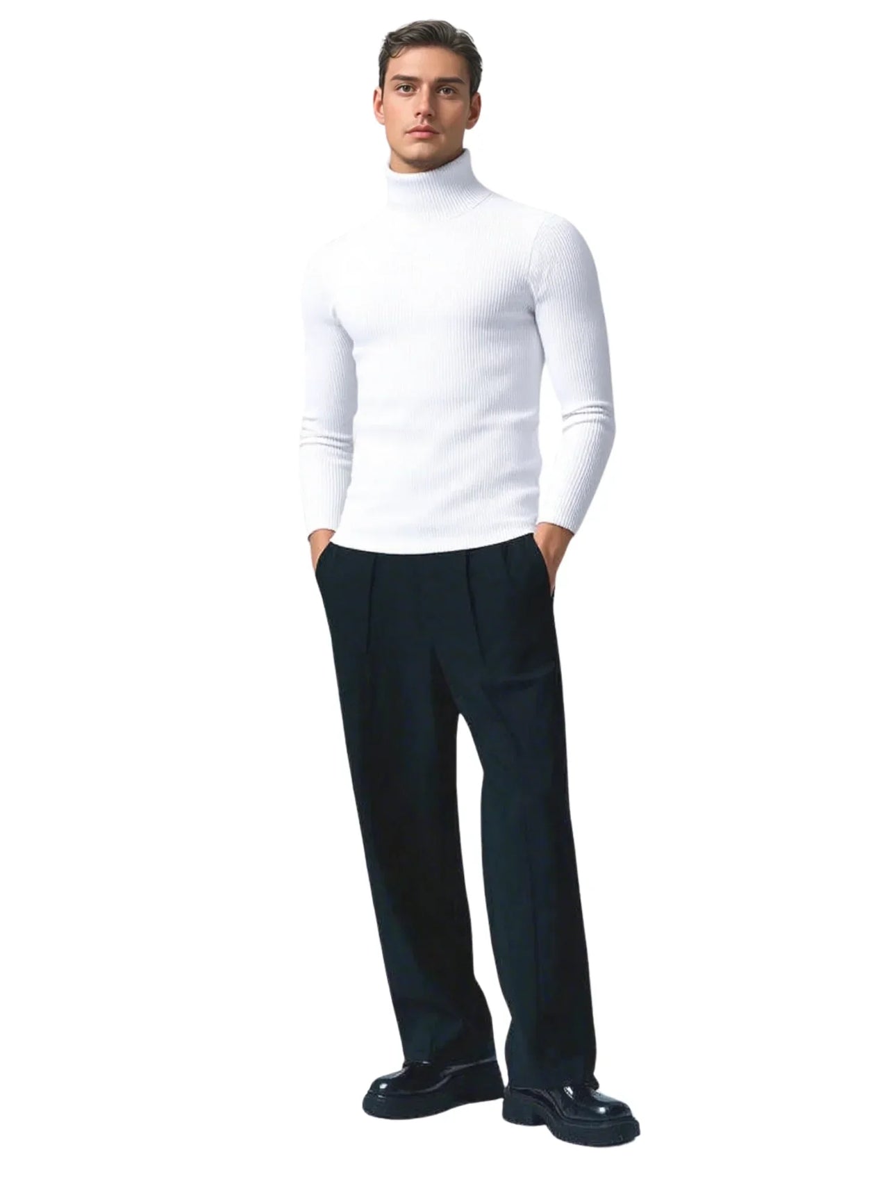 Man wearing a white turtleneck and black pants on a white background