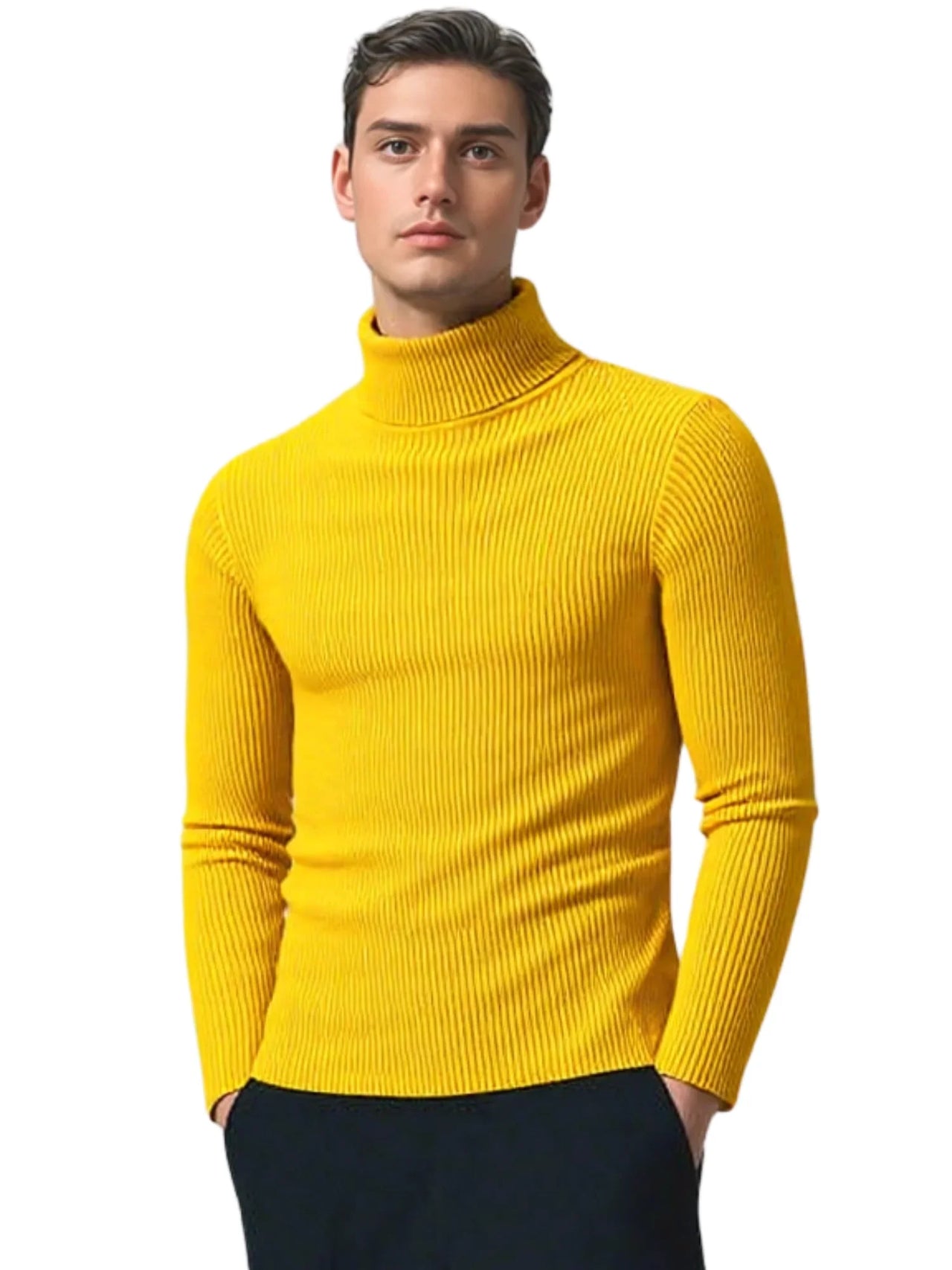 Man wearing a yellow turtleneck sweater on a white background