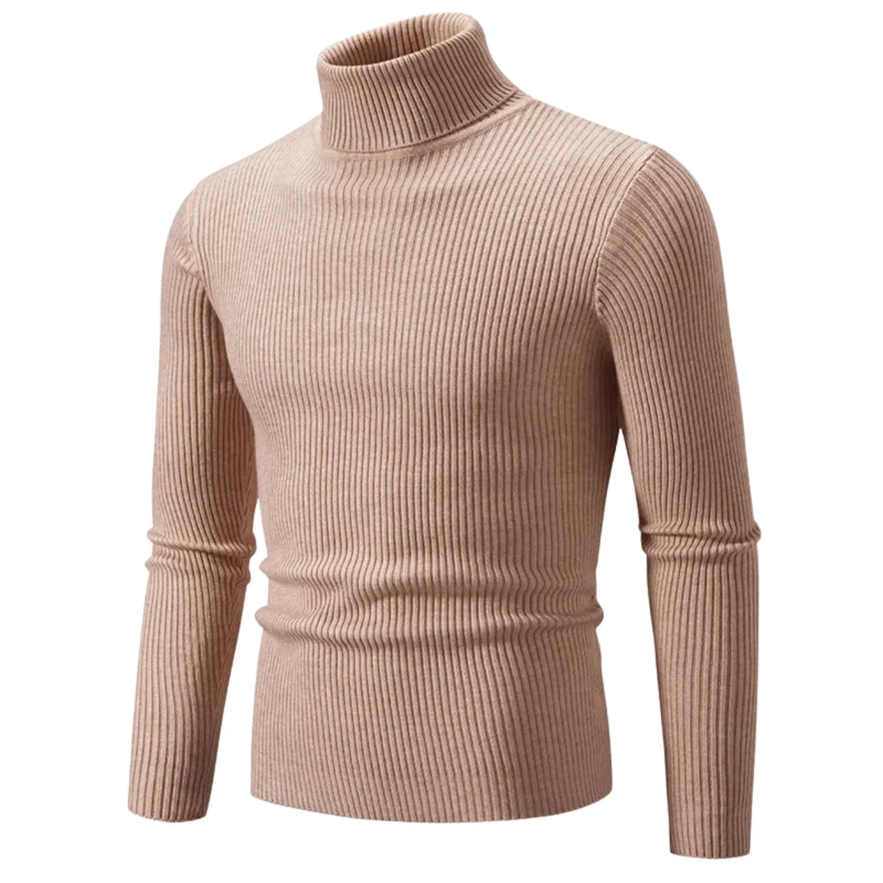 Men's khaki turtleneck sweater on a white background
