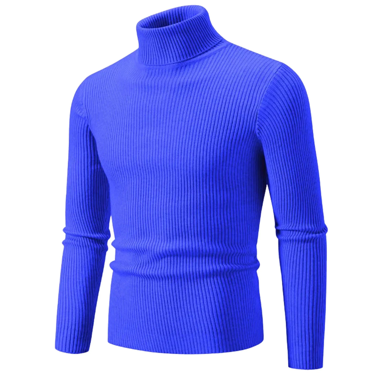 Men's blue turtleneck sweater on a white background