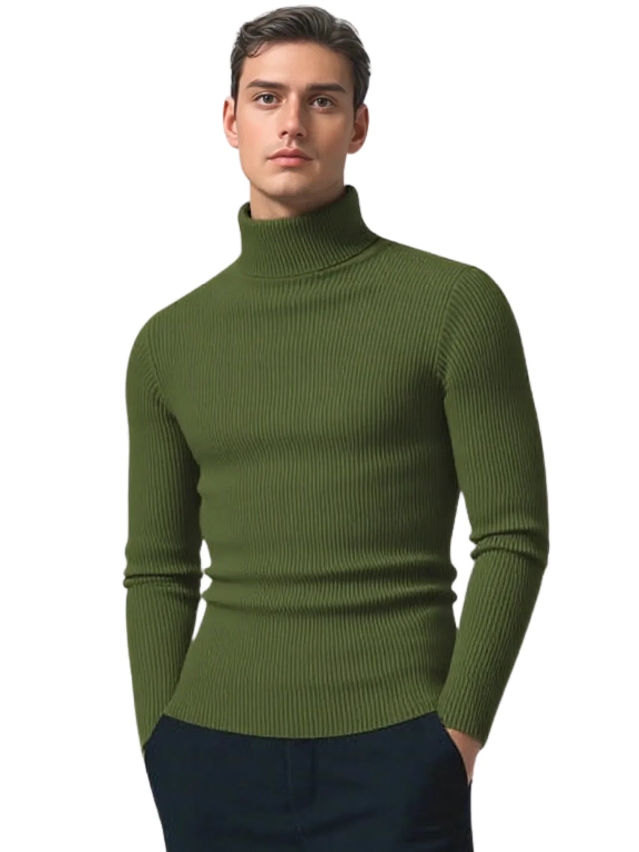 Man wearing an army green turtleneck sweater on a white background
