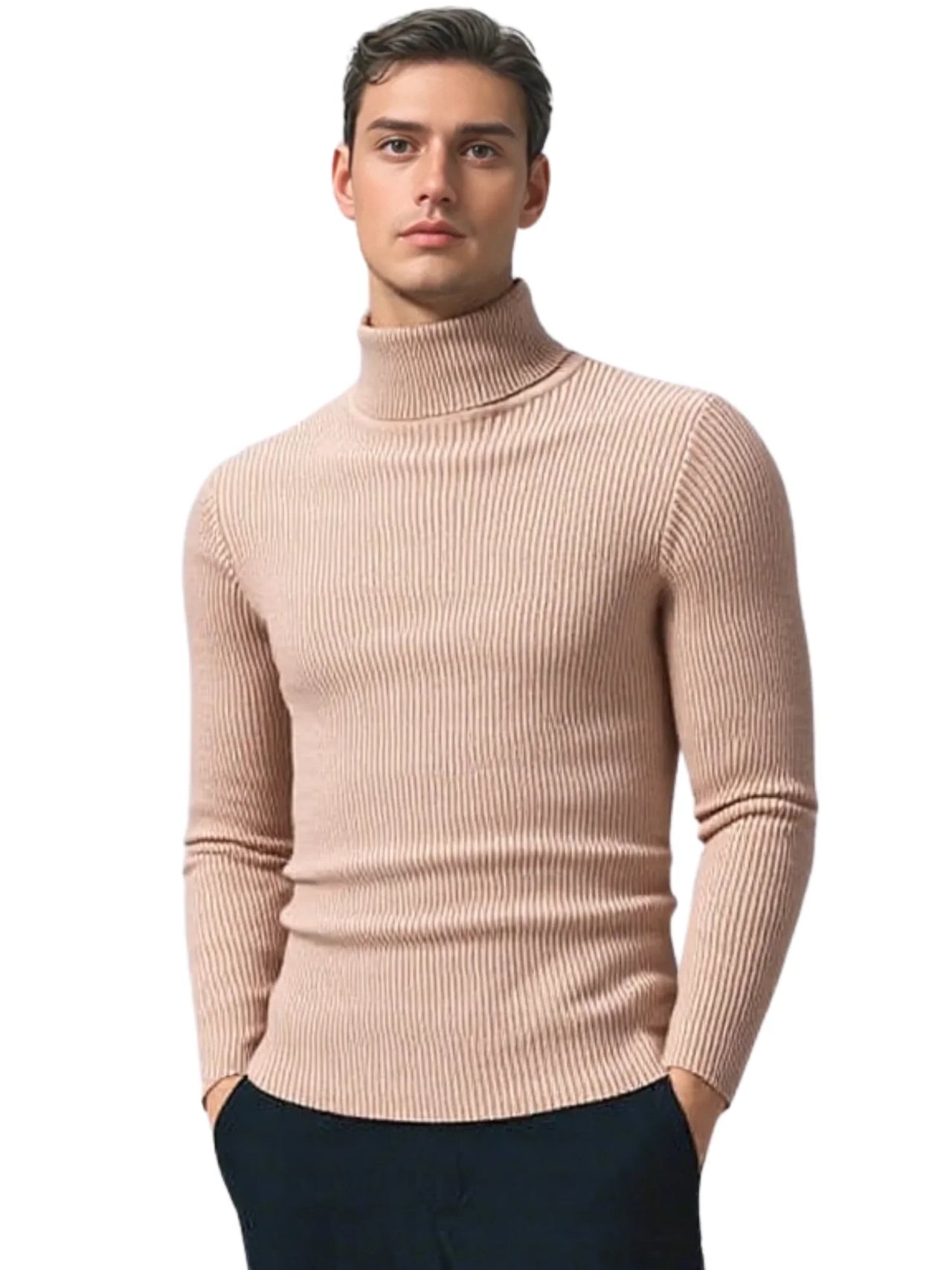Man wearing a khaki turtleneck sweater on a white background