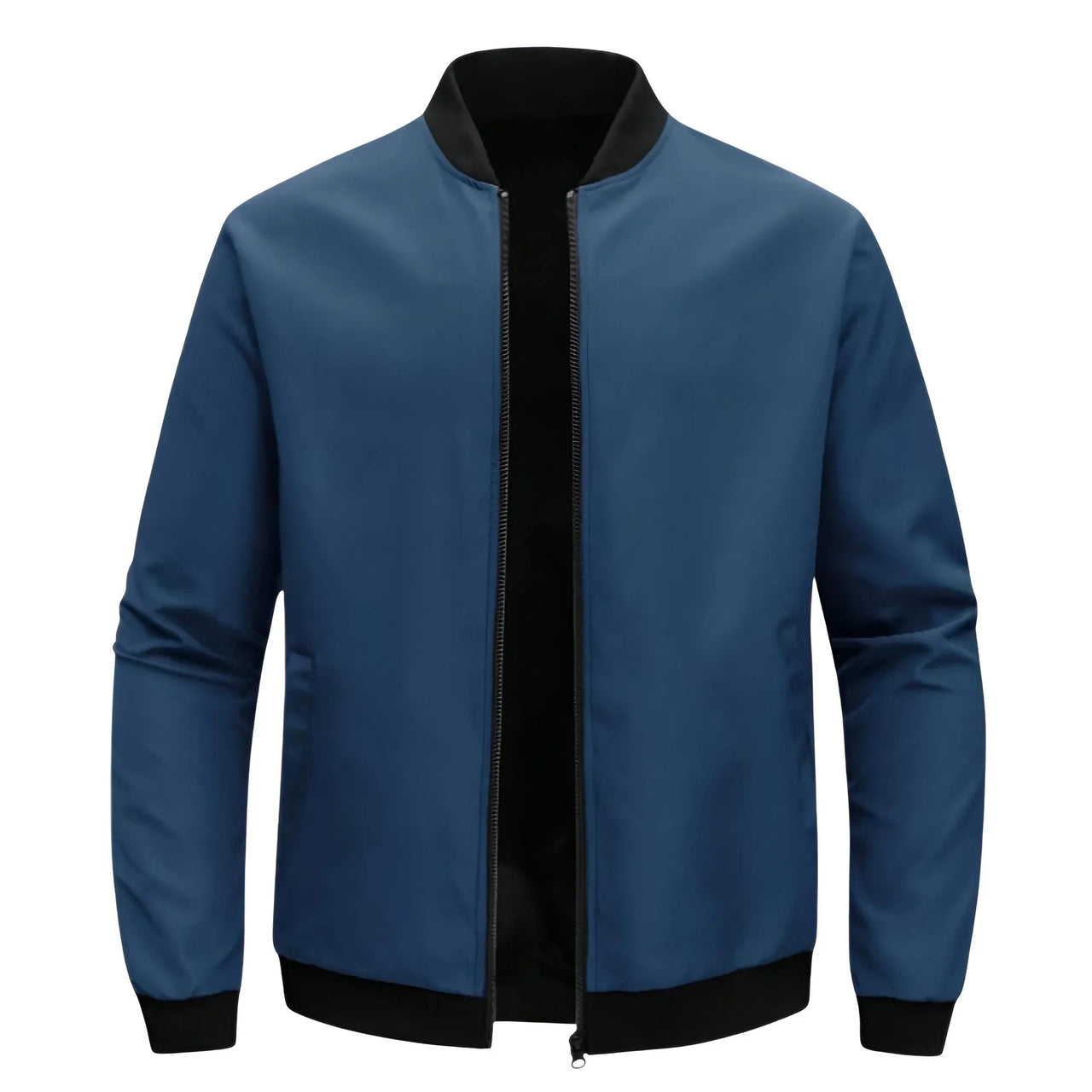 Blue bomber jacket with black collar and cuffs on a white background
