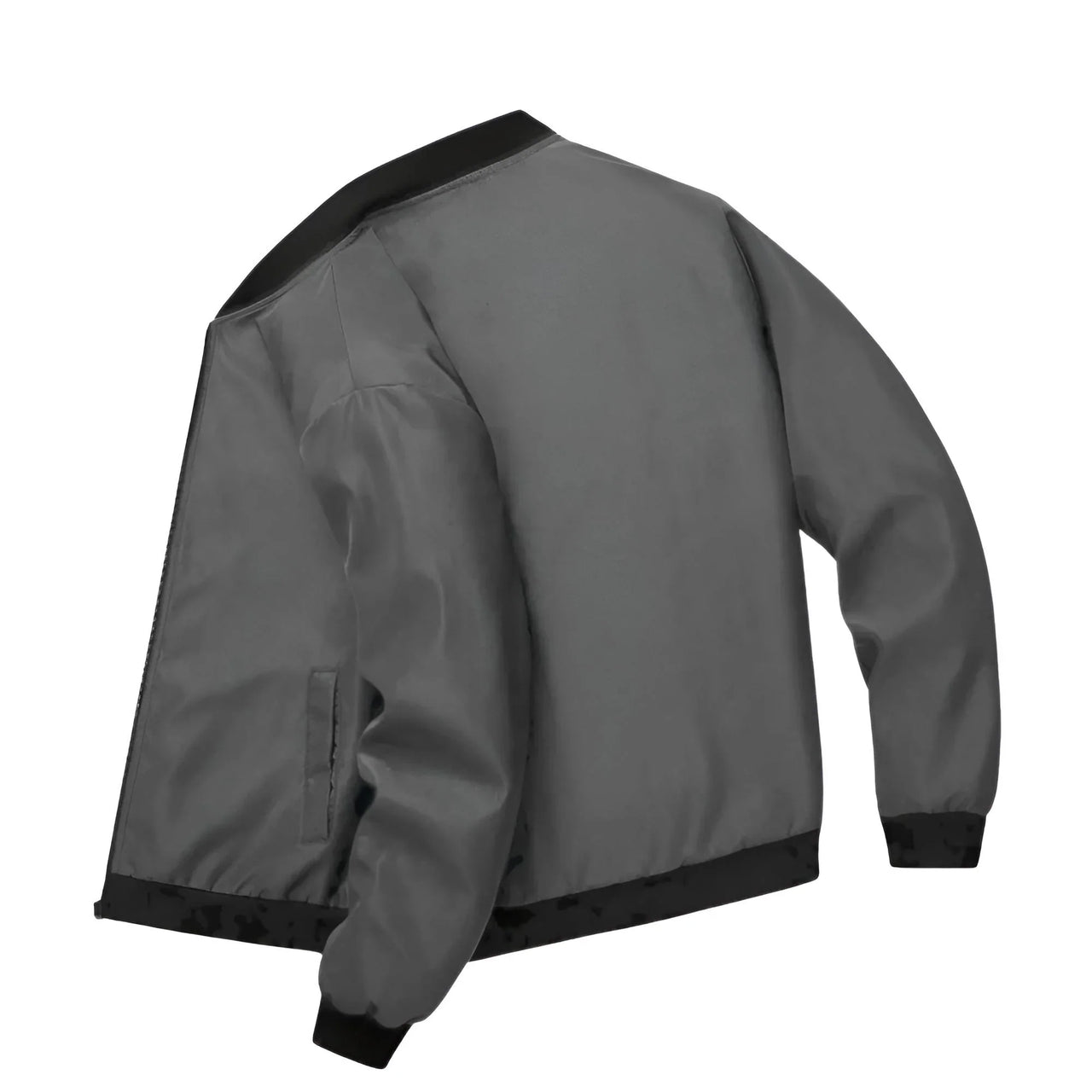 Gray bomber jacket with black trim on a white background