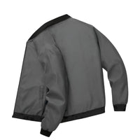 Thumbnail for Gray bomber jacket with black trim on a white background