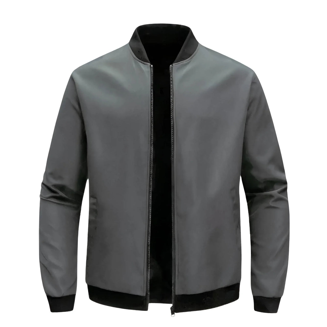Gray bomber jacket with black trim on a white background