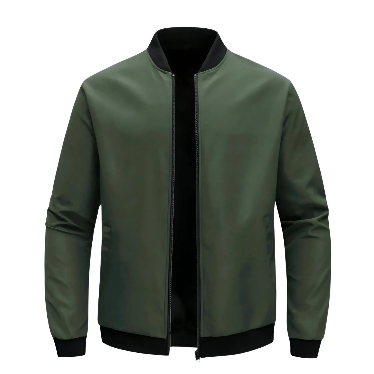 Army Green bomber jacket with black trim on a white background