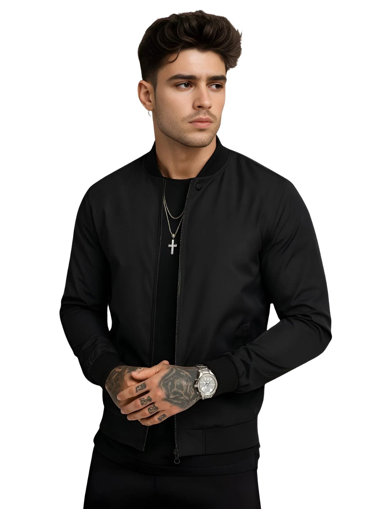 Man wearing a black bomber jacket on a white background