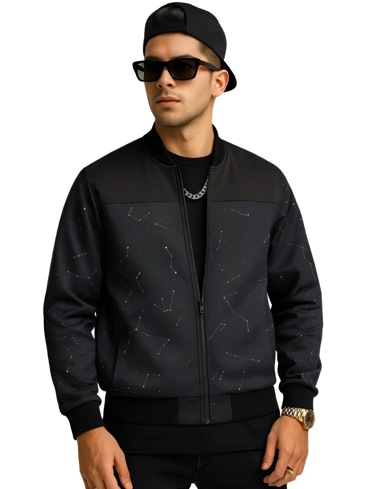 Man wearing a black jacket with star pattern, black cap, and sunglasses on a white background