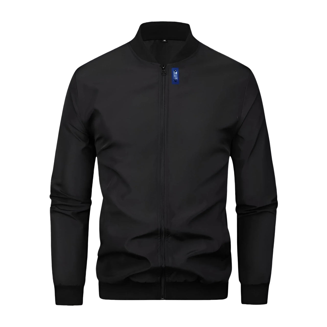 Black jacket with a blue label on a white background