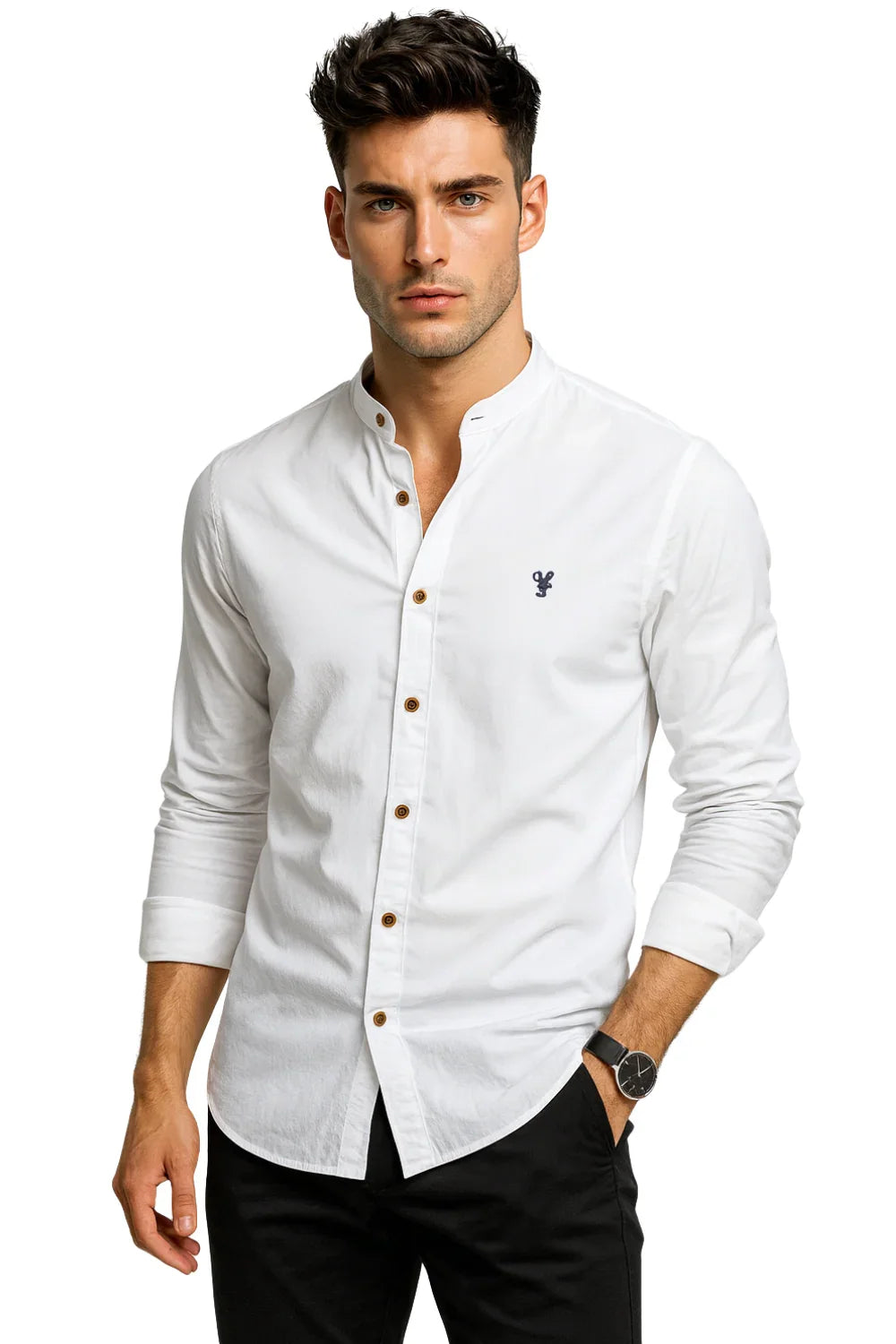 Man wearing a white button-up shirt with a brand logo on a white background