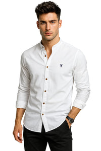 Thumbnail for Man wearing a white button-up shirt with a brand logo on a white background