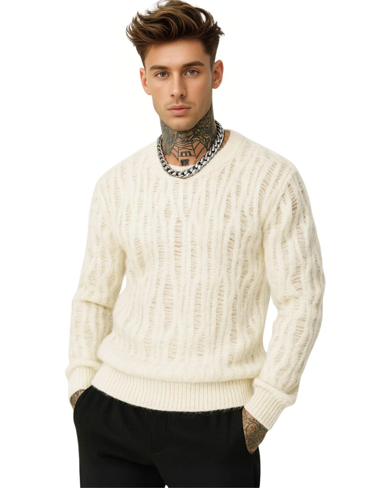 Man wearing a white distressed sweater on a white background