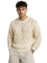 Thumbnail for Man wearing a white distressed sweater and light-colored pants on a white background