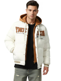 Thumbnail for Man wearing a white and brown jacket with text on a white background