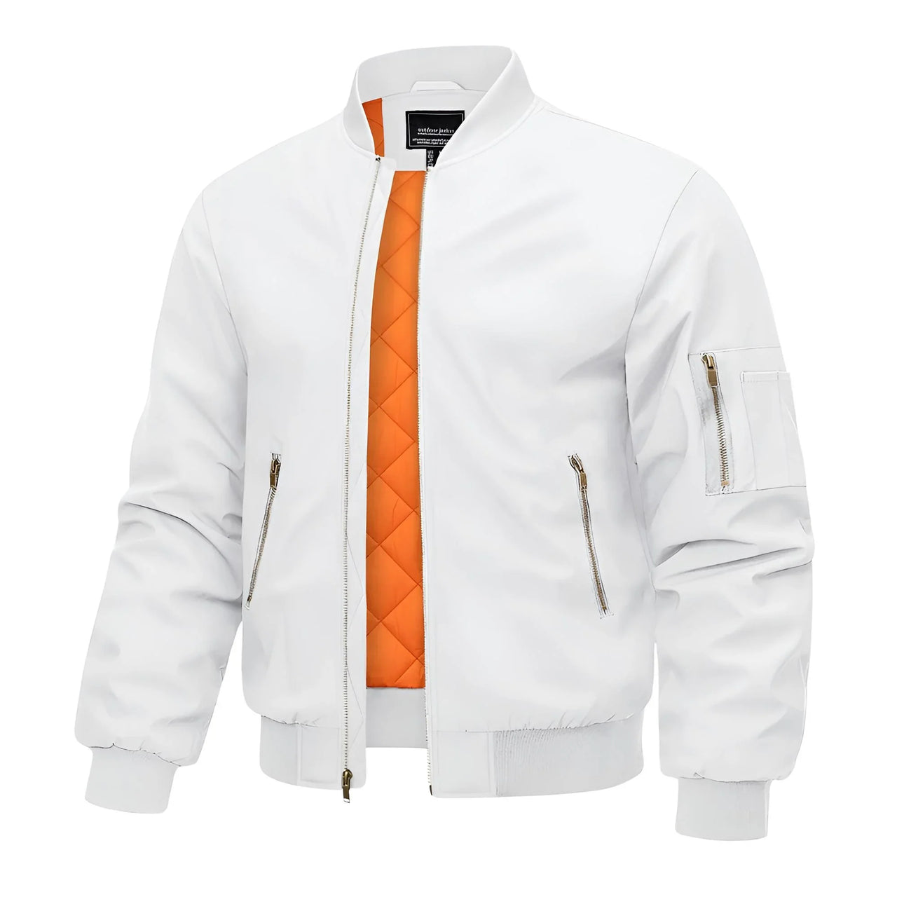 White bomber jacket with orange interior lining on a white background