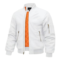 Thumbnail for White bomber jacket with orange interior lining on a white background