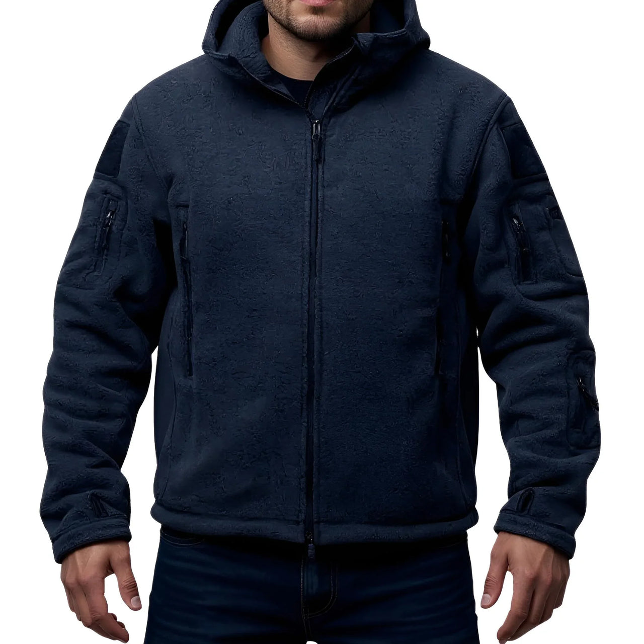 Dark blue fleece jacket with a hood on a white background