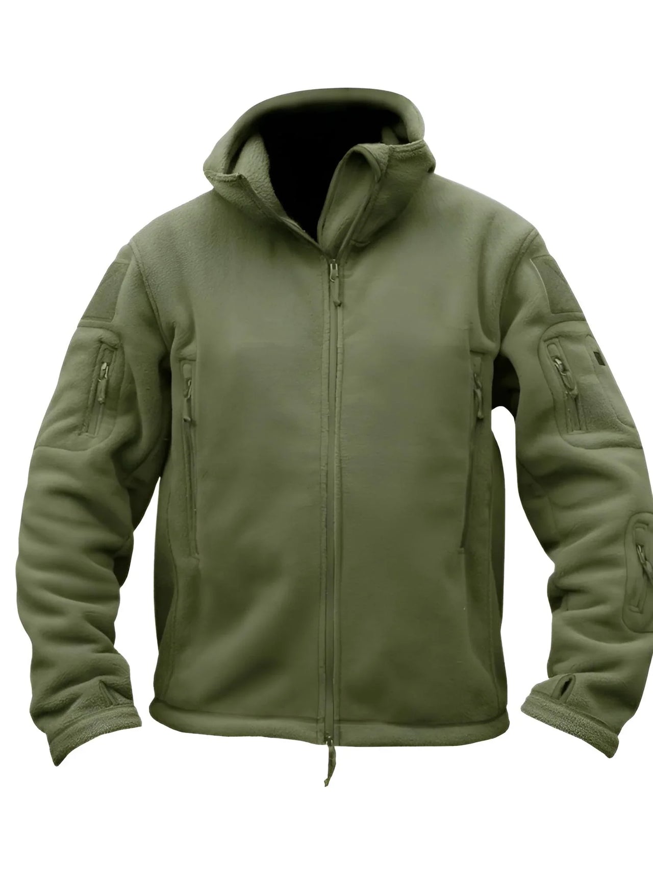 Army green tactical jacket with multiple pockets and zippers on a white background