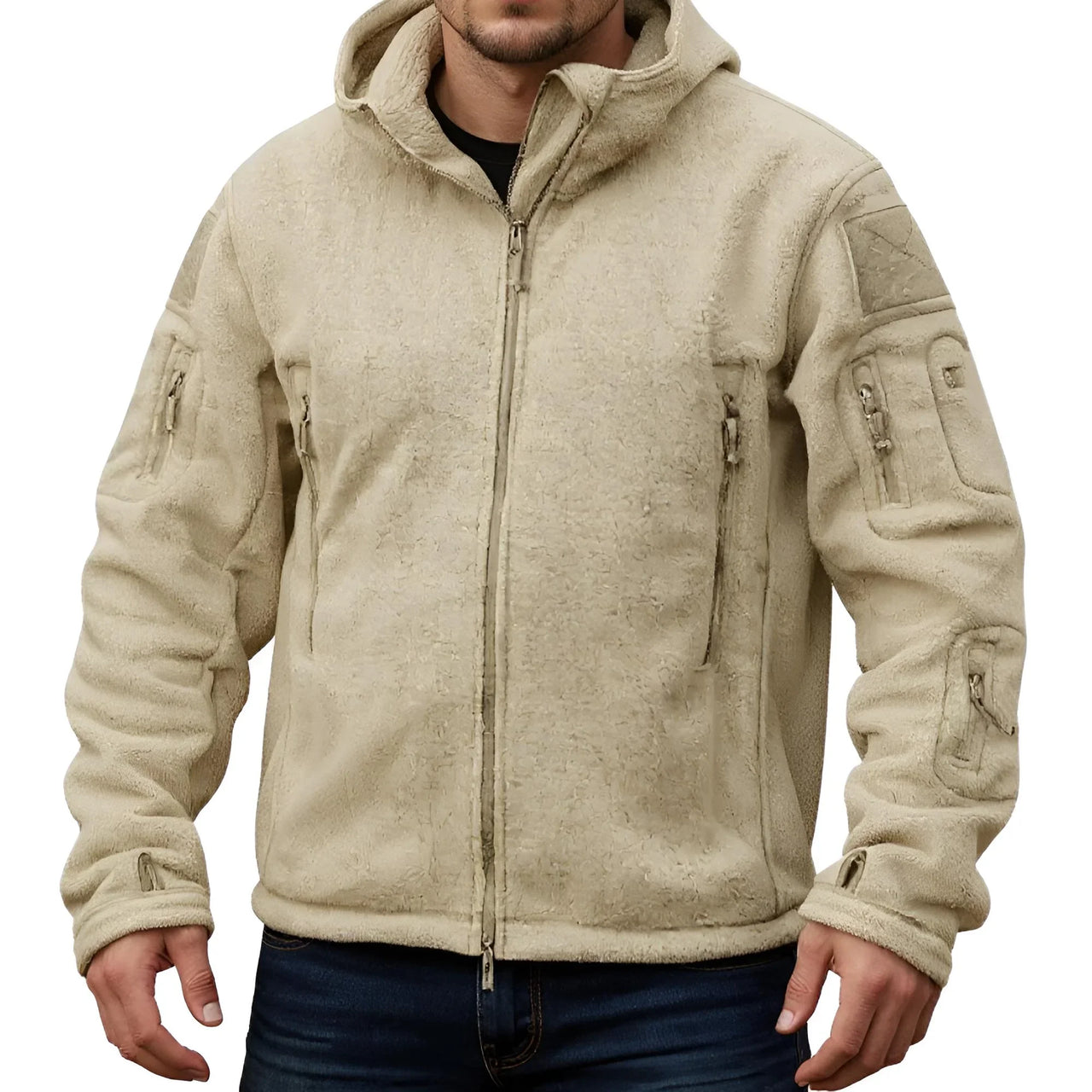 Khaki tactical jacket with patches on a white background