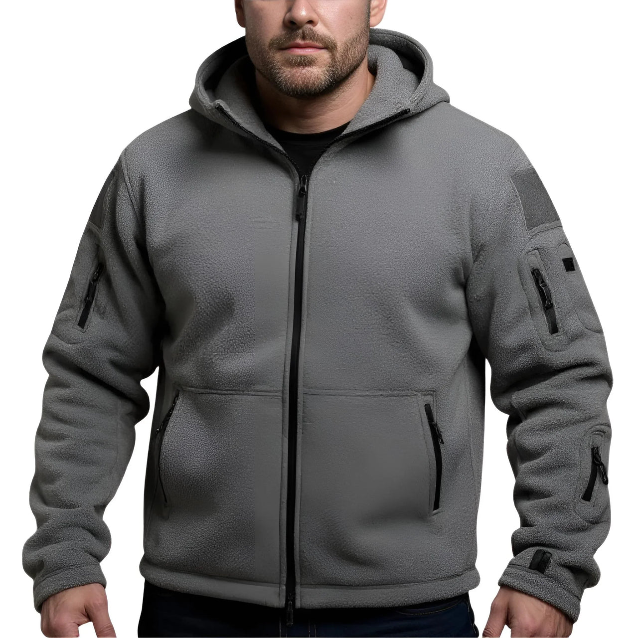 Gray tactical hooded jacket with black accents on a white background