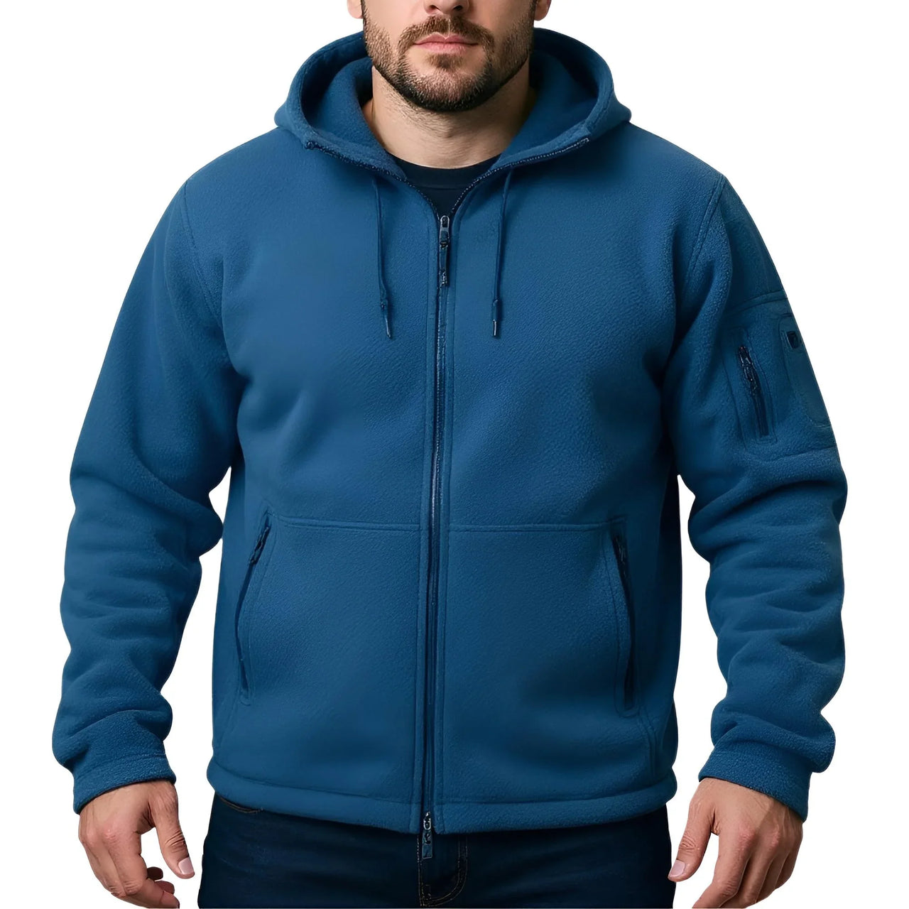Blue hooded fleece jacket by a person on a white background