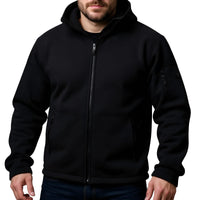 Thumbnail for Person wearing a black fleece hooded jacket on a white background