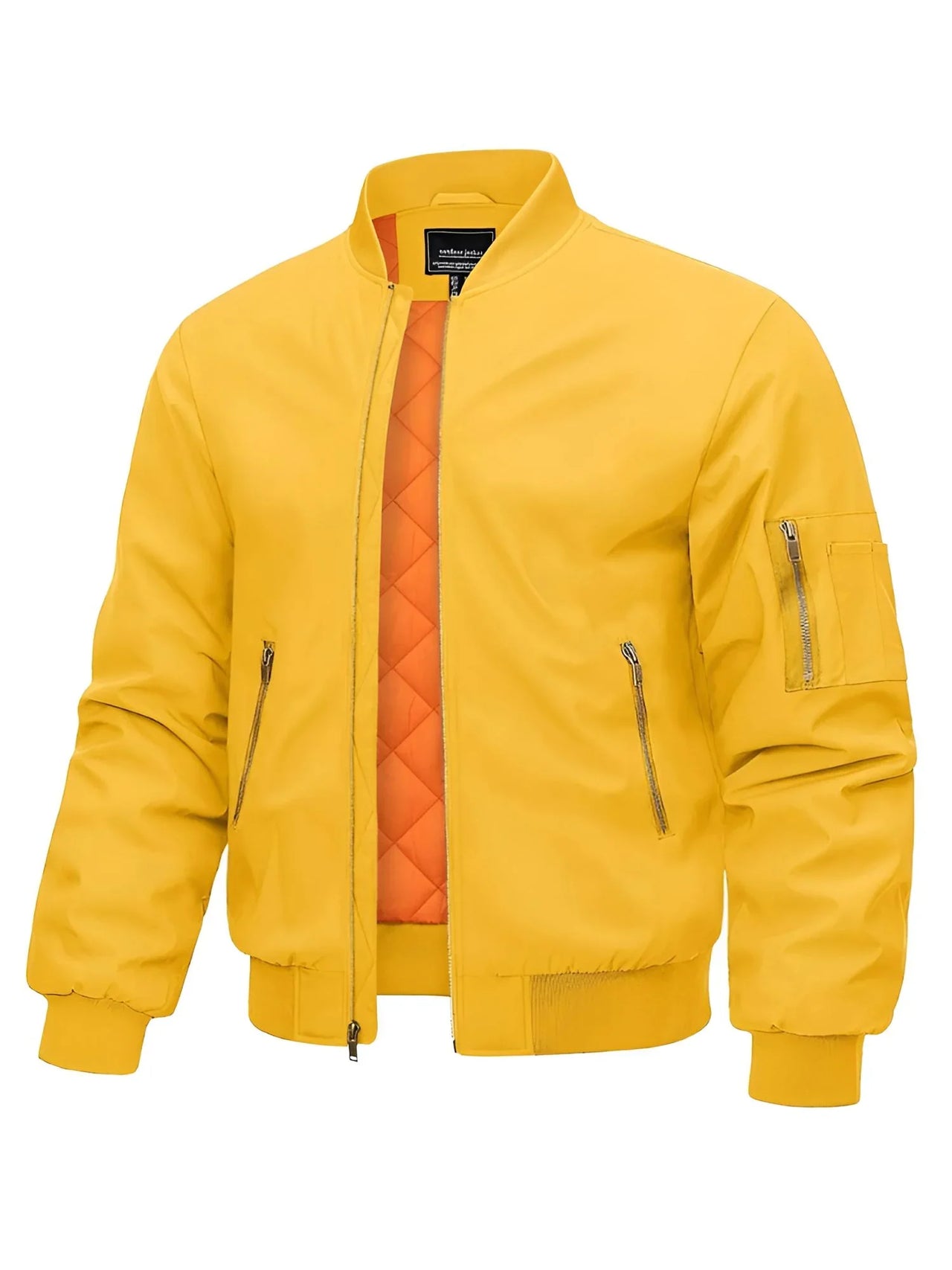 Yellow bomber jacket with orange quilted lining on a white background