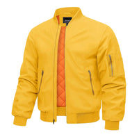 Thumbnail for Men's yellow bomber jacket with orange quilted lining on a white background