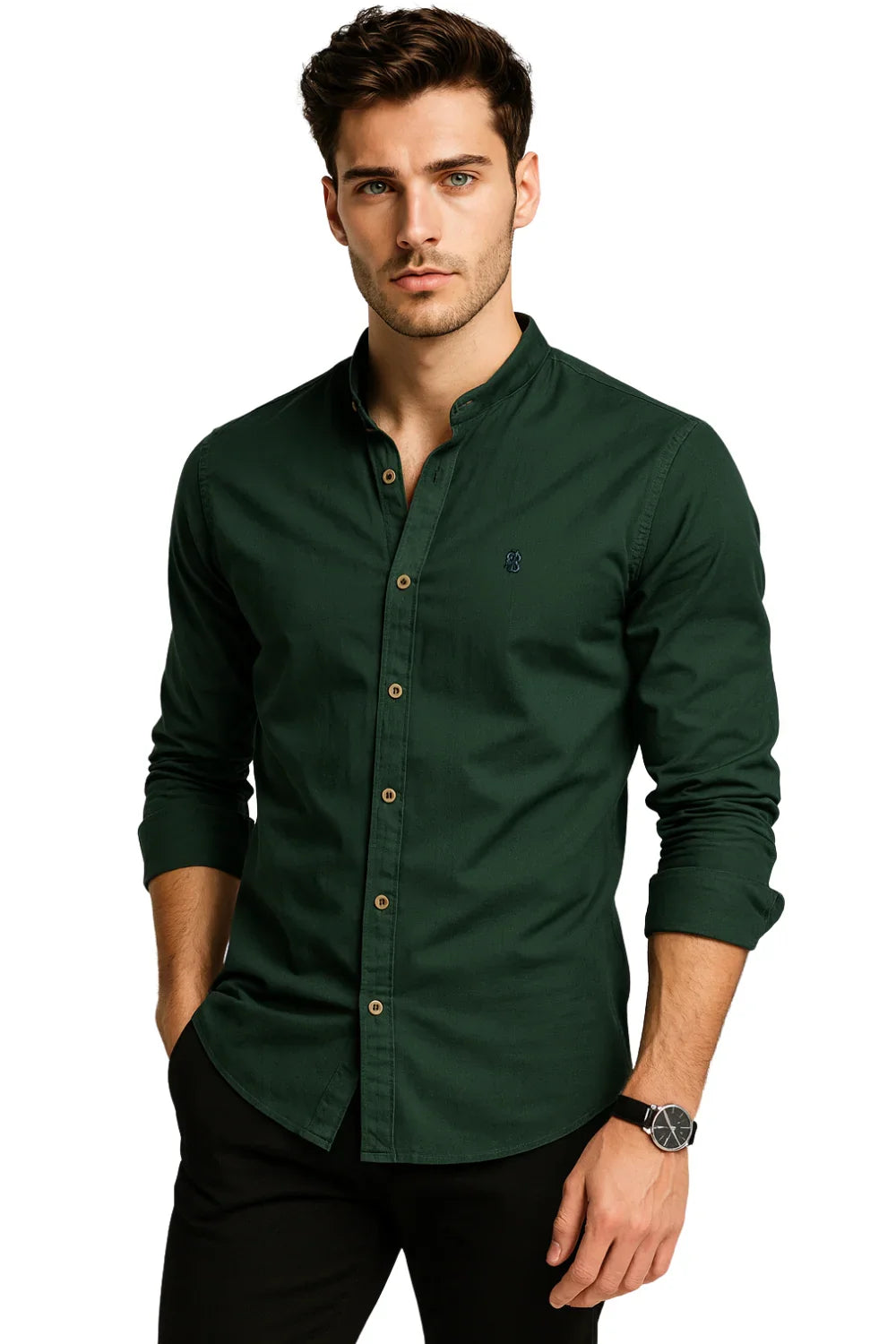 Man wearing a dark green button-up shirt on a white background
