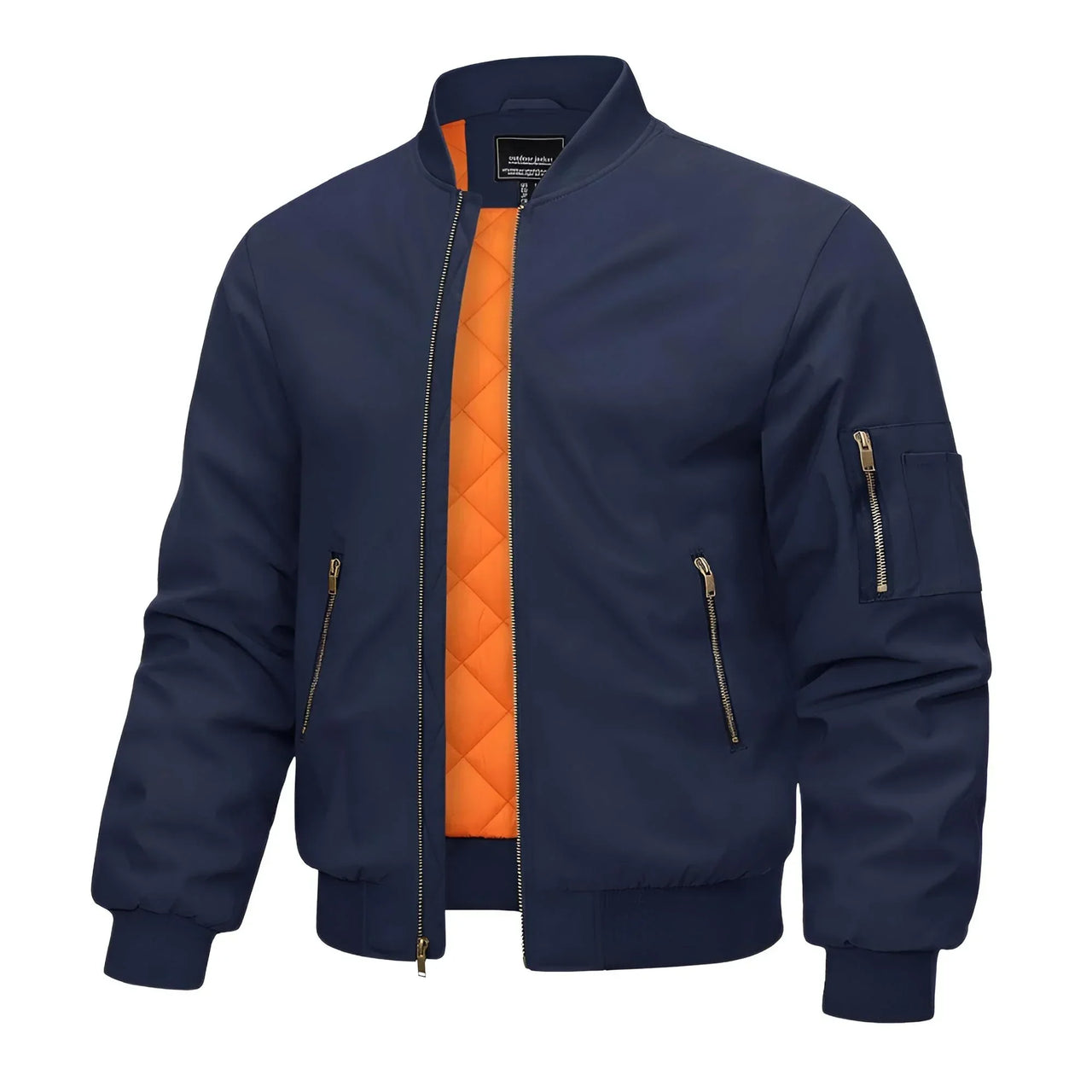 Navy blue bomber jacket with orange quilted lining on a white background