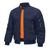 Thumbnail for Navy blue bomber jacket with orange quilted lining on a white background