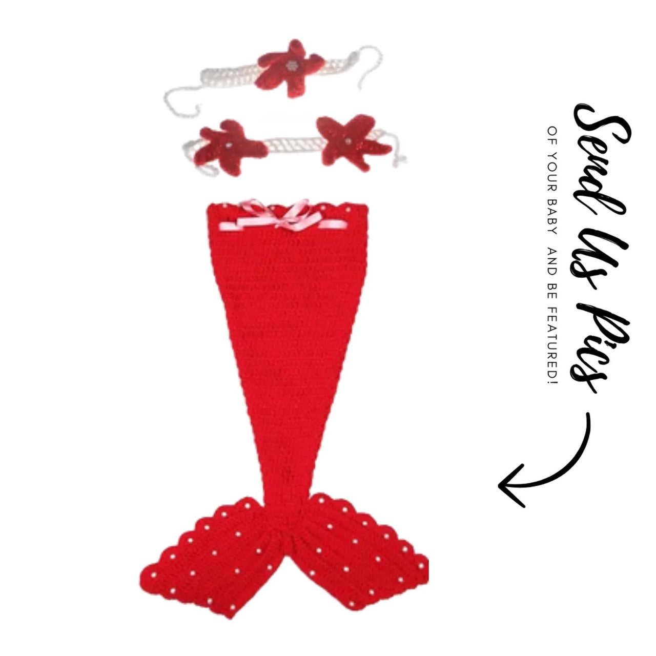 Red mermaid tail with white polka dots and matching headbands on a white background