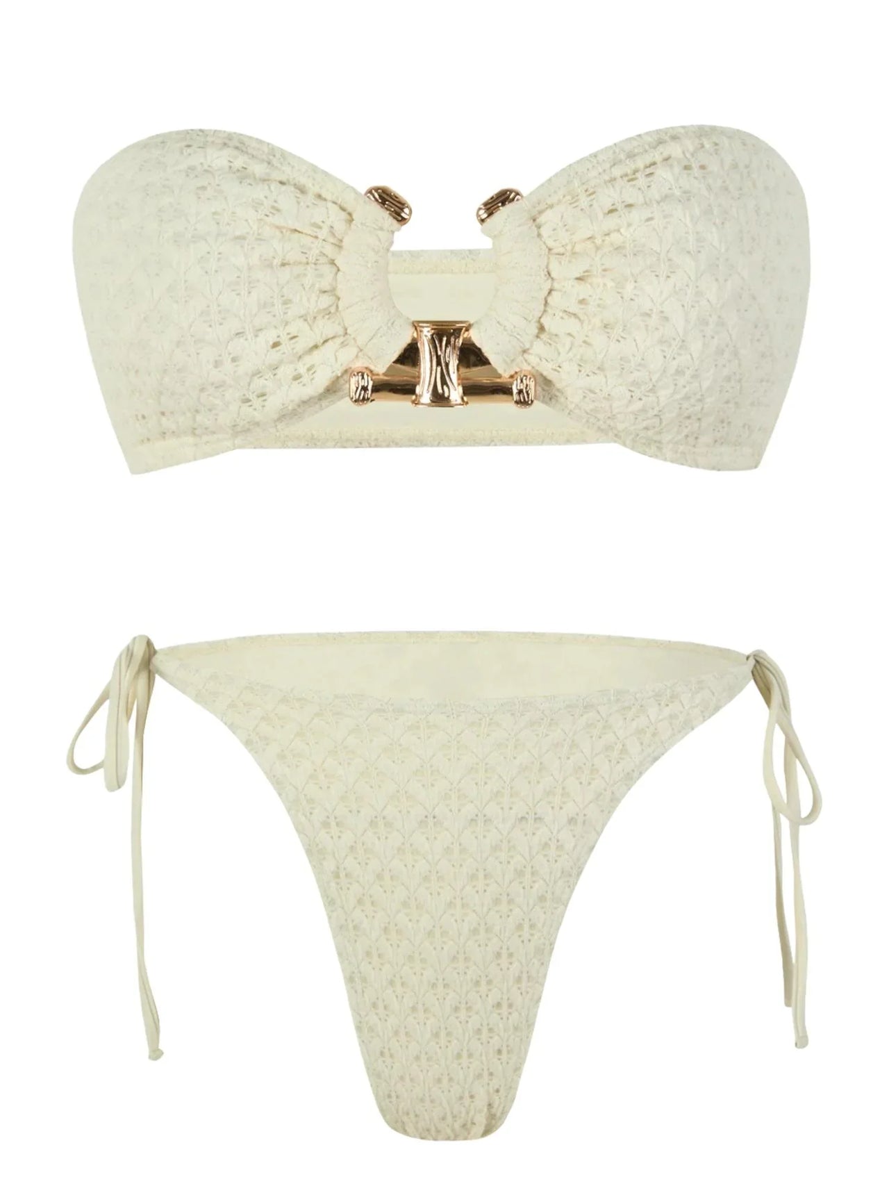 White bikini set with gold accents on a white background